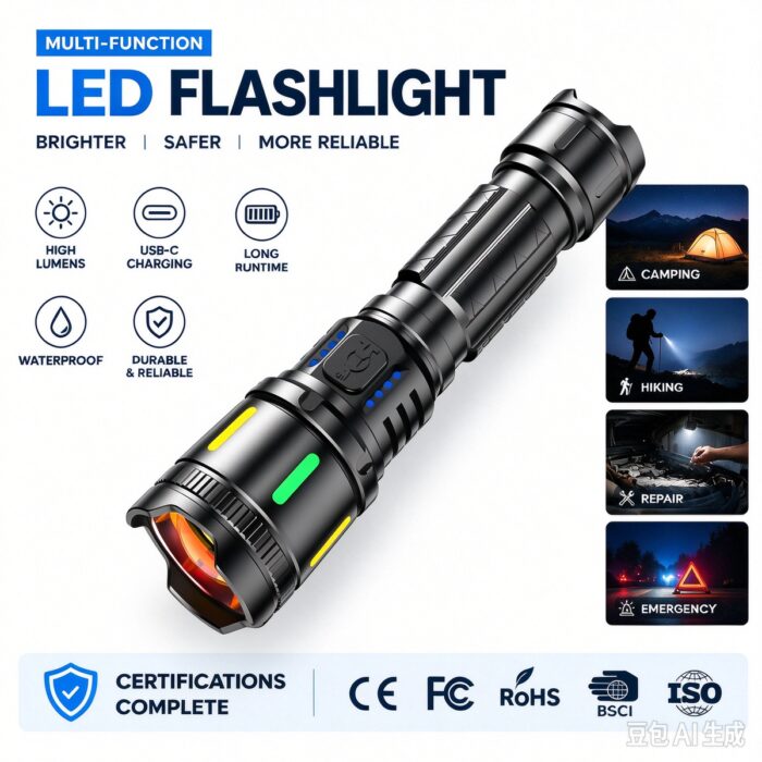 Factory Wholesale USB Rechargeable Tactical Flashlights Outdoor Camping Hiking Lights Variable Focus Emergency Lights IP44 Rated