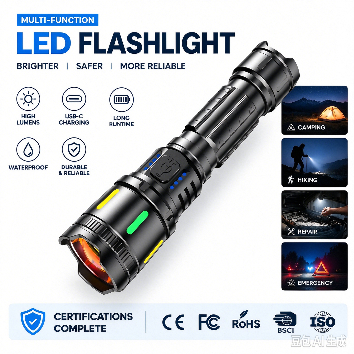 Factory Wholesale USB Rechargeable Tactical Flashlights Outdoor Camping Hiking Lights Variable Focus Emergency Lights IP44 Rated