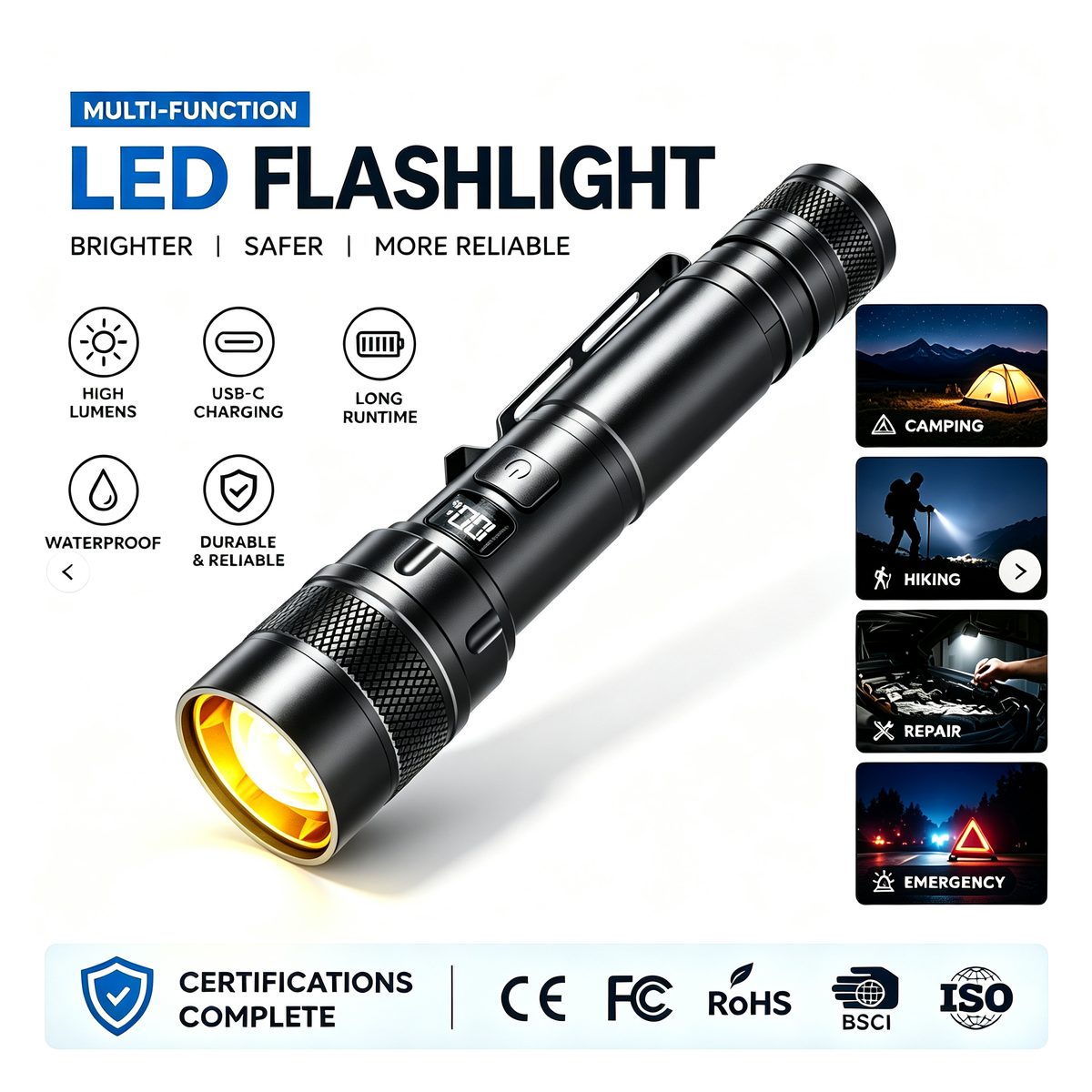 Factory Hot Selling High Lumen Aluminum Alloy LED Flashlight with Strong Rechargeable IP44