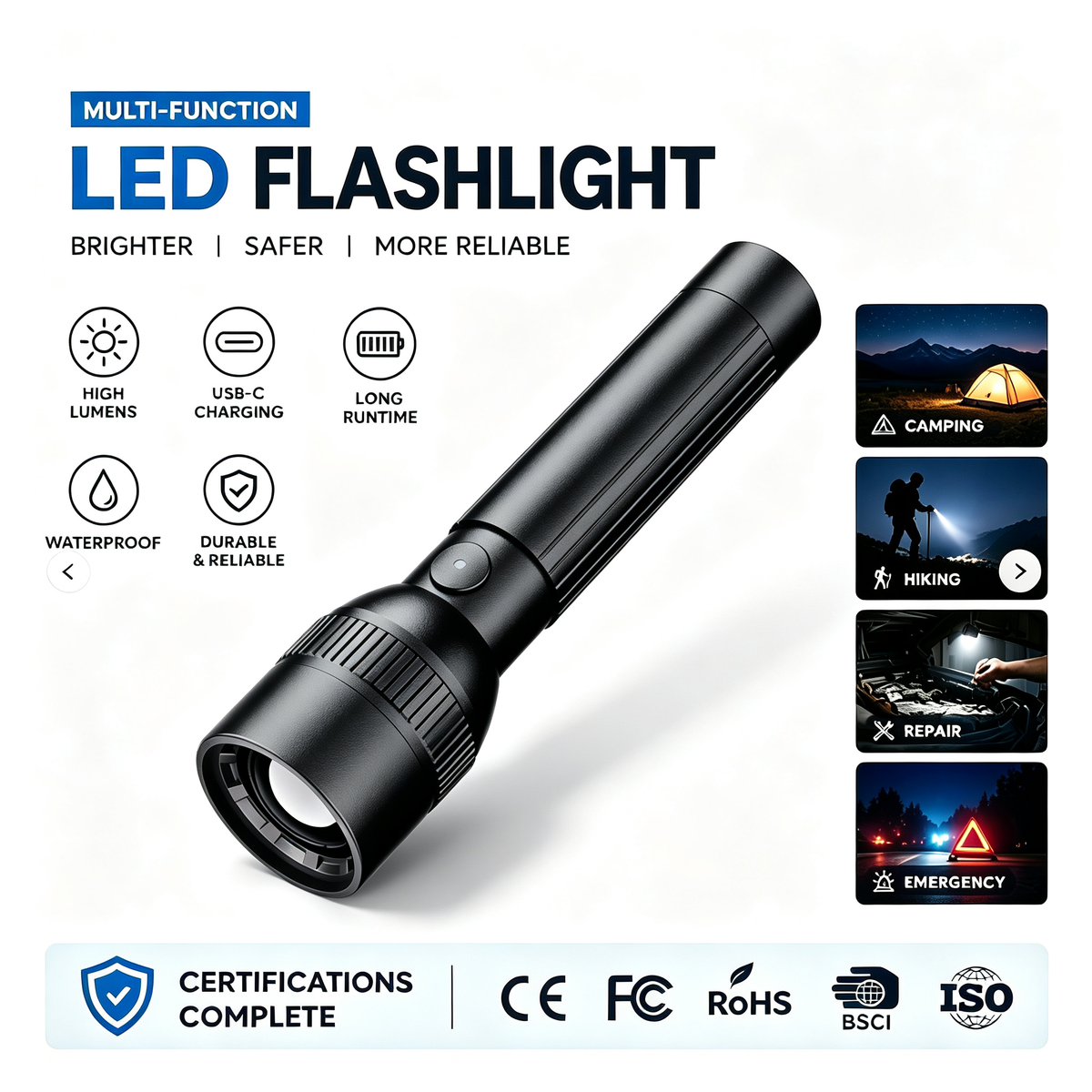 Factory Wholesale Industrial Rechargeable Battery IP44 Waterproof Emergency Camping Flashlight 1000+ Lumens LED Strong Light