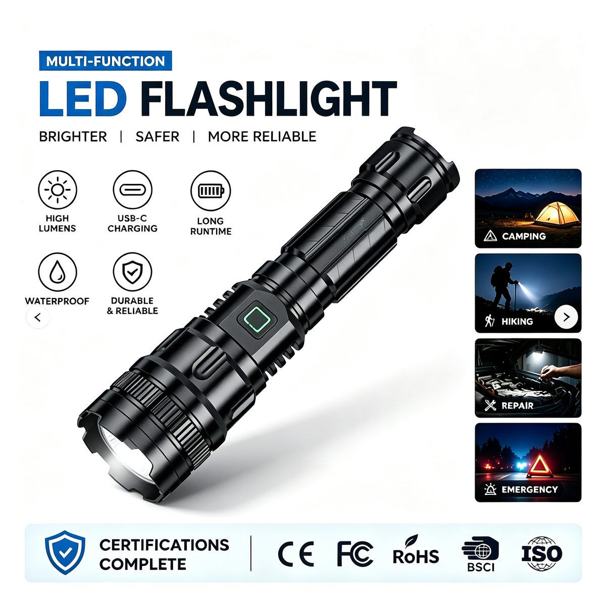 Hot Selling LED Rechargeable IP44 Camping Tactical Strong Light Aluminum Alloy Flashlight