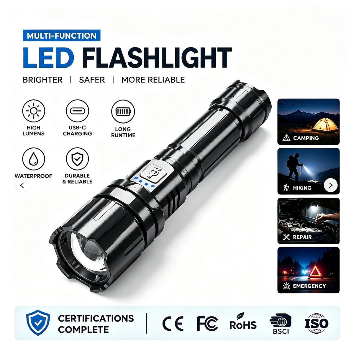 Multifunctional Strong Light Aluminum Alloy USB Rechargeable Emergency Flashlight IP44 Wat