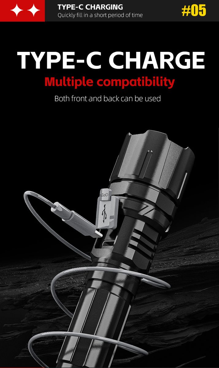 Multifunctional Strong Light Aluminum Alloy USB Rechargeable Emergency Flashlight IP44 Wat