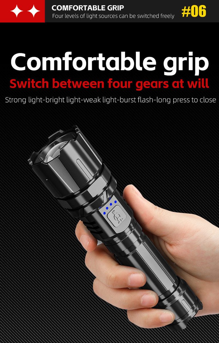 Multifunctional Strong Light Aluminum Alloy USB Rechargeable Emergency Flashlight IP44 Wat