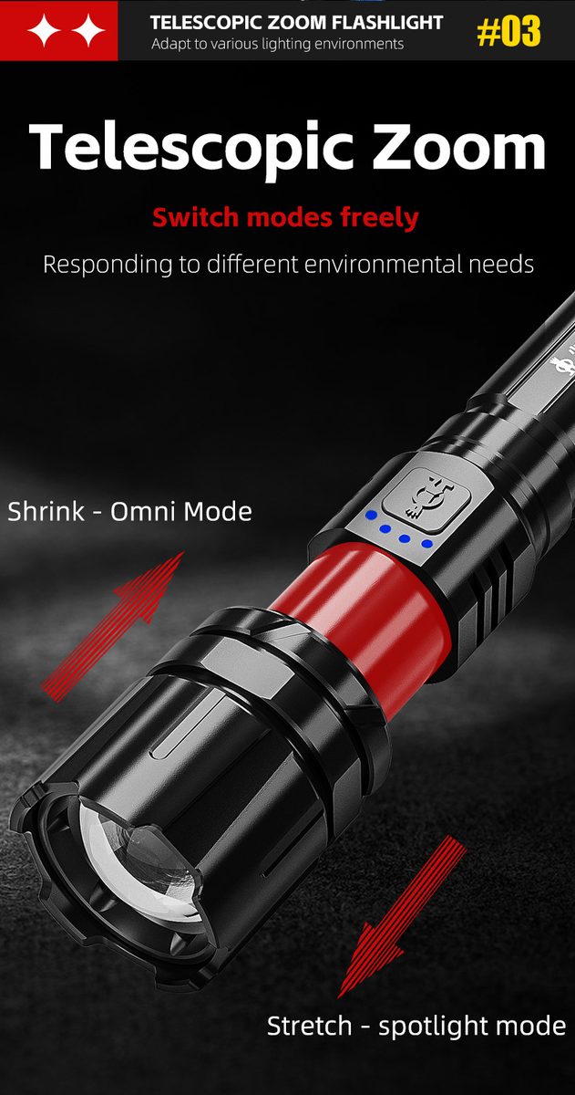 Multifunctional Strong Light Aluminum Alloy USB Rechargeable Emergency Flashlight IP44 Wat