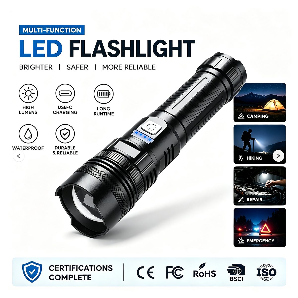 Manufacturer's Hot Selling High-Power Aluminum Alloy Flashlight 26650 Battery USB Recharge