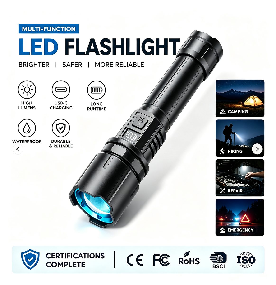 Hot Selling Aluminum Alloy Telescopic Zoom LED Strong Flashlight