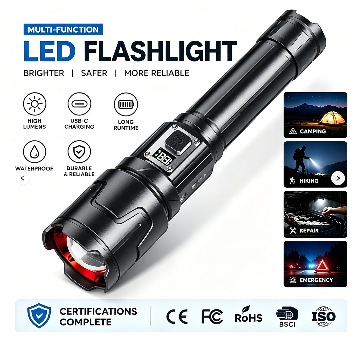 Aluminum Alloy Strong Light Flashlight Rechargeable USB Charging Adjustable Focus IP44 Rat