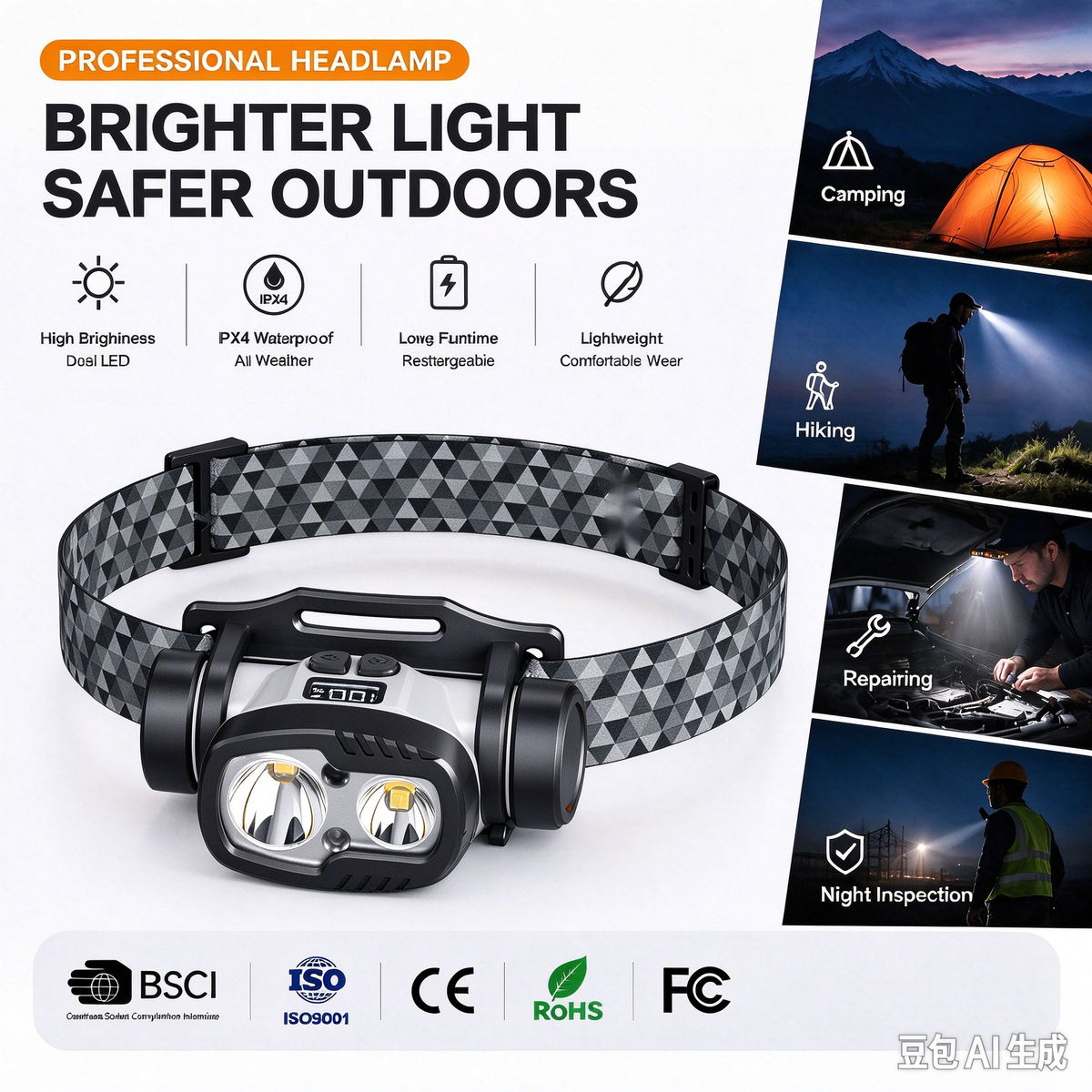 Factory Wholesale Rechargeable 18650 Li-Ion Strong Light Headlamps LED ABS Waterproof Adjustable Dimmable 300m Range Camping