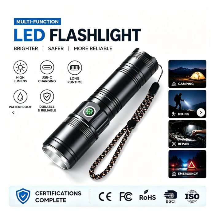 Manufacturer Wholesale Emergency Flashlight Outdoor Portable USB Rechargeable 1000LM Waterproof Camping Light 500-600M Beam