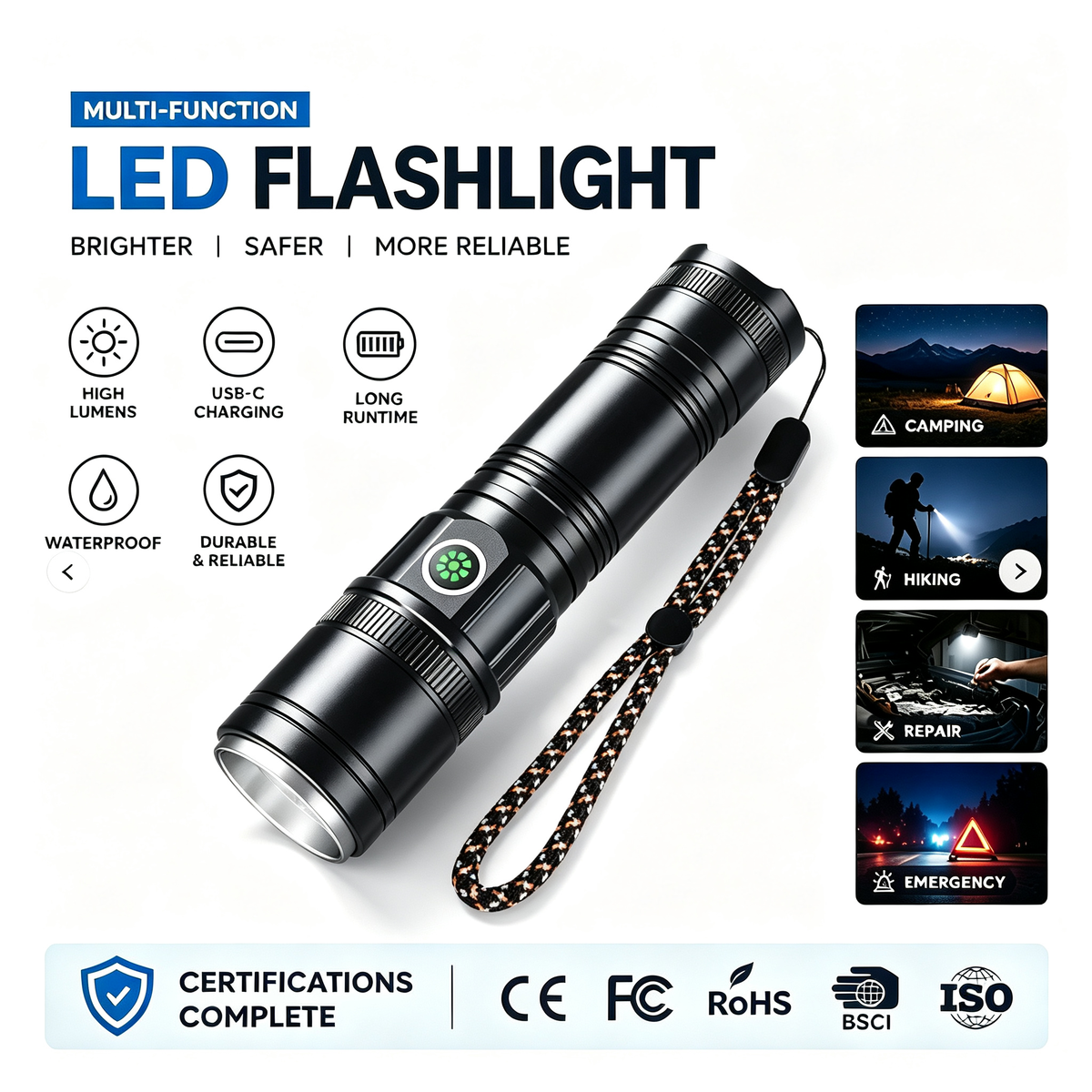 Manufacturer Wholesale Emergency Flashlight Outdoor Portable USB Rechargeable 1000LM Waterproof Camping Light 500-600M Beam
