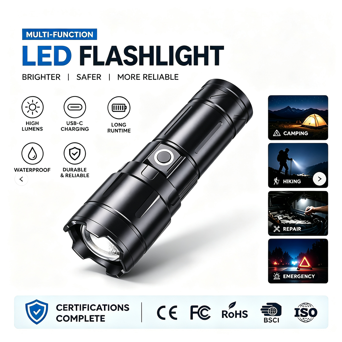 Factory Hot Selling Outdoor Camping Emergency Flashlights Aluminum Alloy IPX4 Waterproof 900LM Strong Light Rechargeable