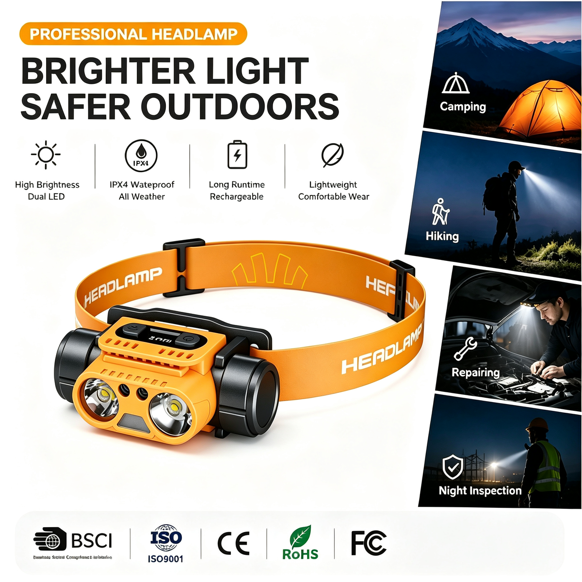 Custom Wholesale Motion Sensor IP65 Waterproof Lithium Ion USB Rechargeable LED Headlamp Adjustable Beam Magnet Head Light