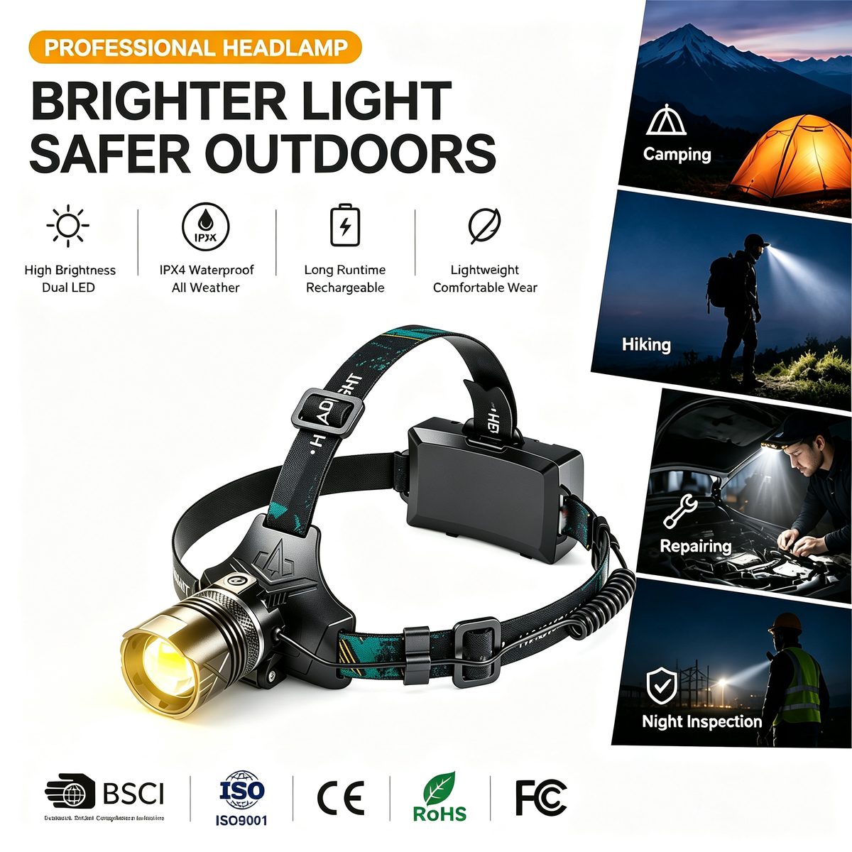 Rechargeable Strong Light LED Headlights IP33 Waterproof Adjustable Head Dual Color Temper