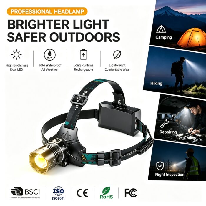Rechargeable Strong Light LED Headlights IP33 Waterproof Adjustable Head Dual Color Temperature for Camping & Outdoor Activities