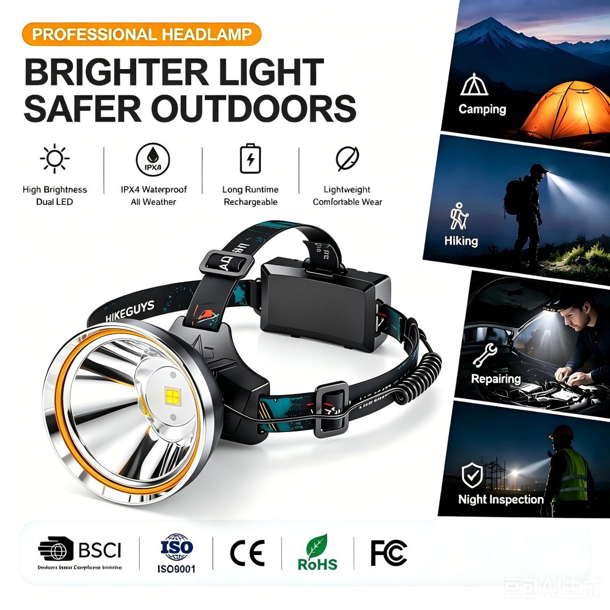 Wholesale USB Charging IP33 Waterproof 1500LM High Lumen Headlights Manufacturers Camping
