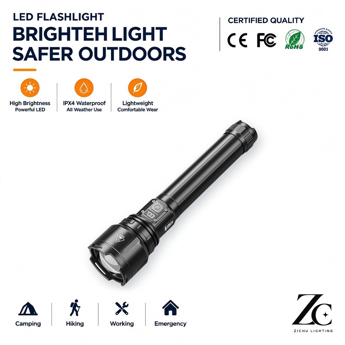 Handheld Aluminum Alloy LED Strong Light Flashlight 1300LM IP55 Waterproof USB Rechargeabl