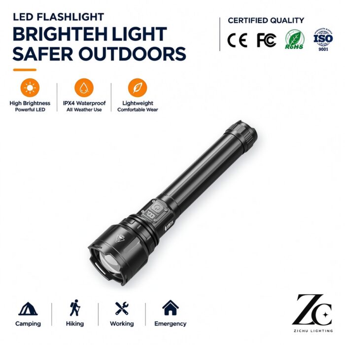 Handheld Aluminum Alloy LED Strong Light Flashlight 1300LM IP55 Waterproof USB Rechargeable 500-600M Beam Distance Outdoor
