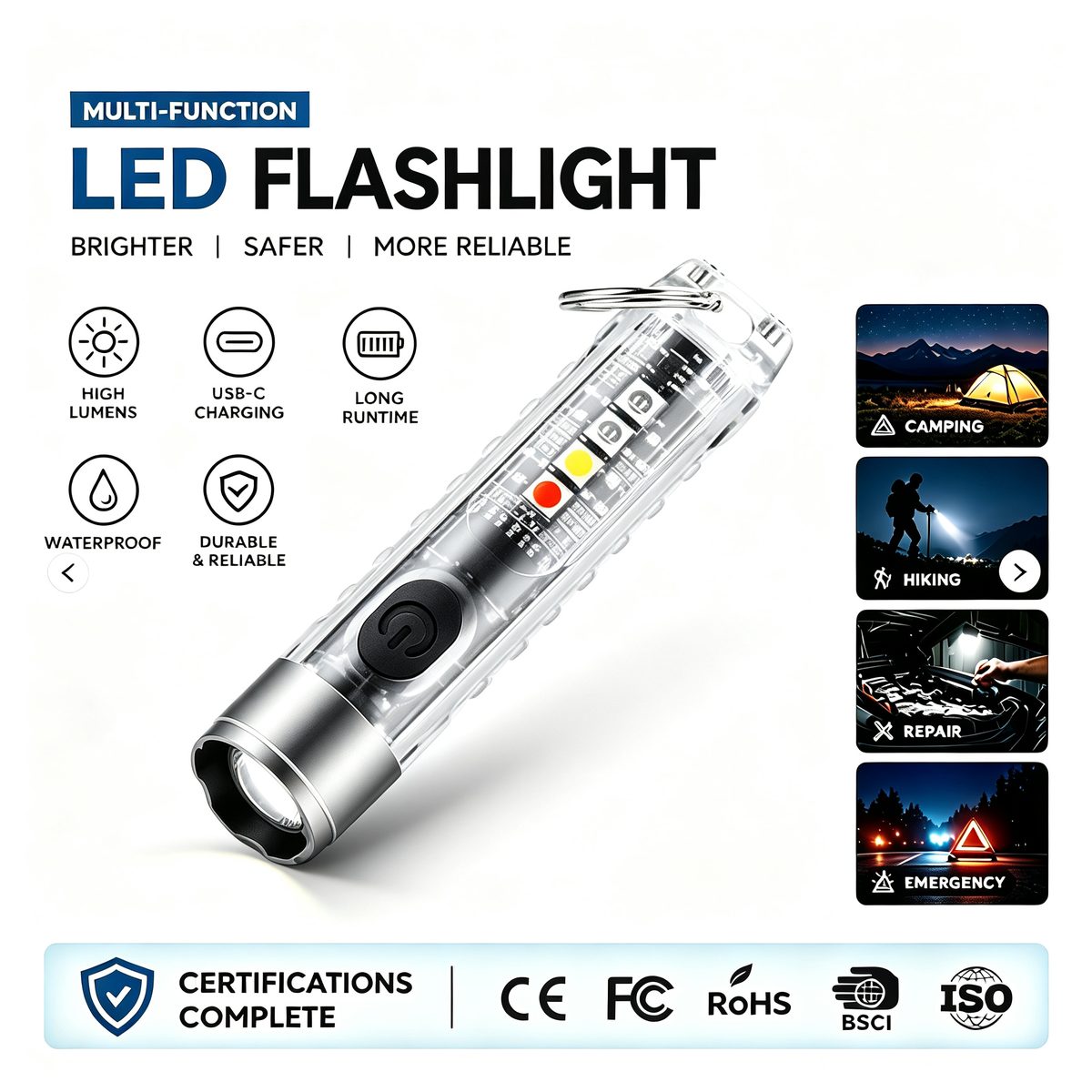 Mini AA Rechargeable USB Flashlight IP66 Waterproof 400 Lumens LED Emergency Camping & Fis